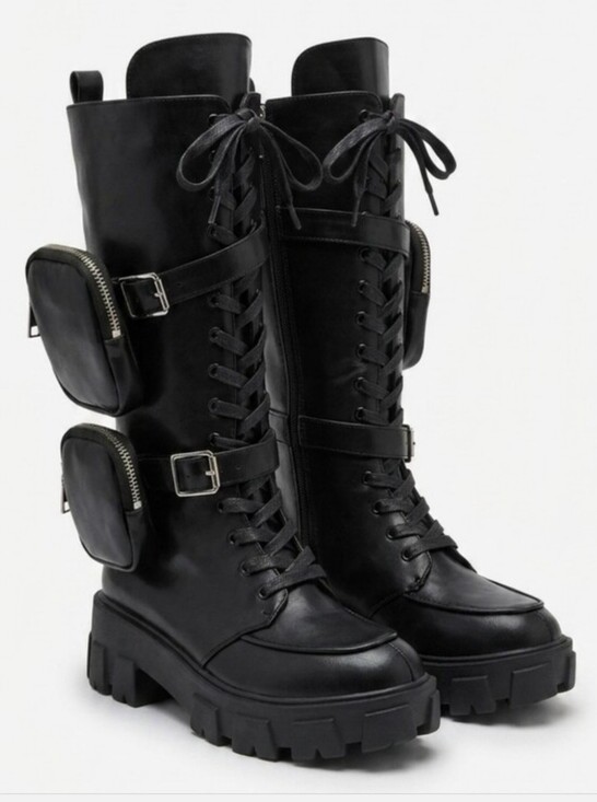 Azalea Wang Shoes - Azalea Wang Danger Black Lace-Up Combat Boots with Detachable Pouches Lug Soles